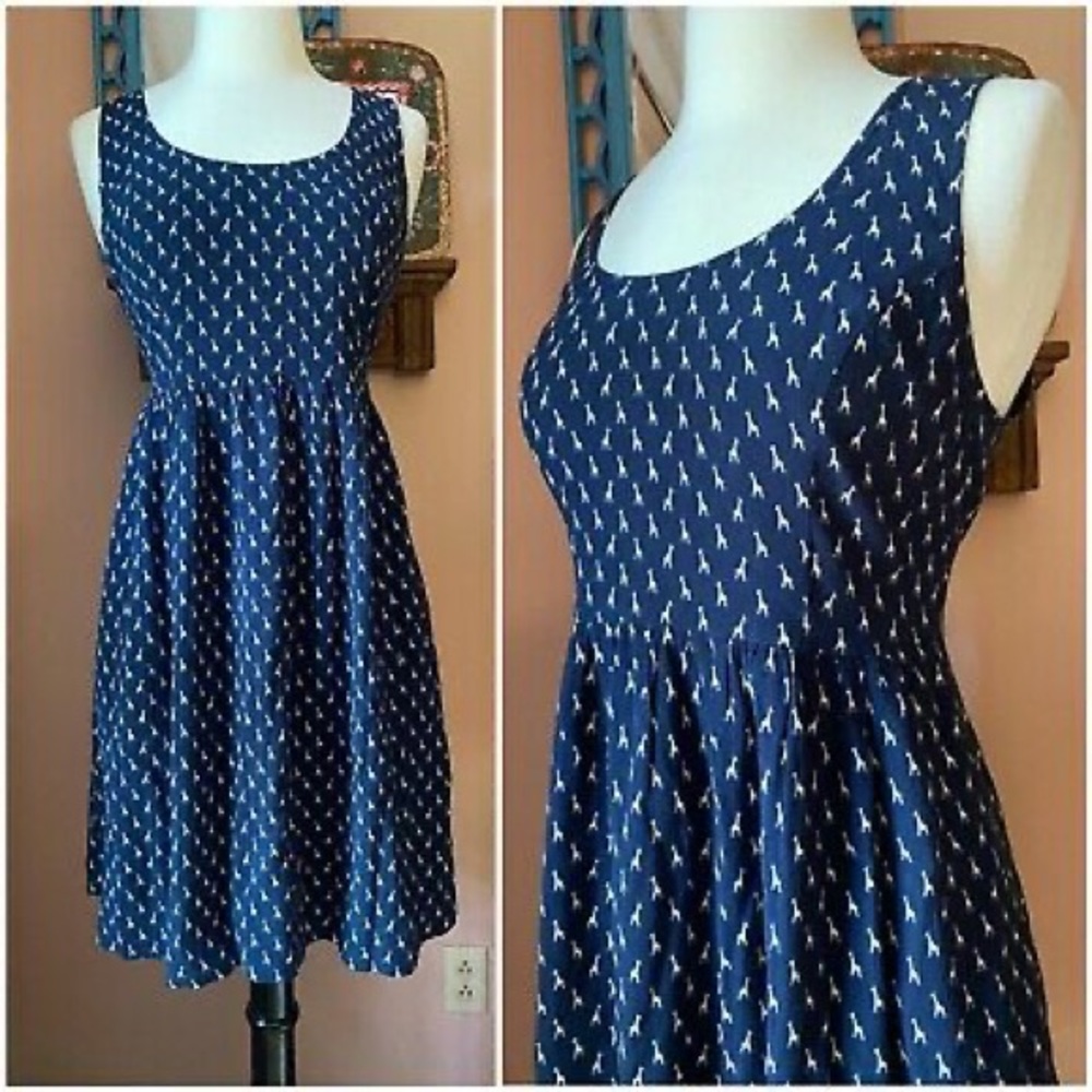 FOSSIL Silk Navy Giraffe Printed Dress w/ Pockets